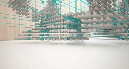 Abstract architectural wood and glass interior from an array of spheres with large windows. 3D illustration and rendering.