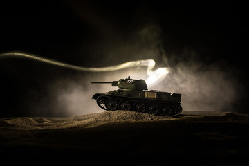 War Concept. Military silhouettes fighting scene on war fog sky background, Silhouette of armored...
