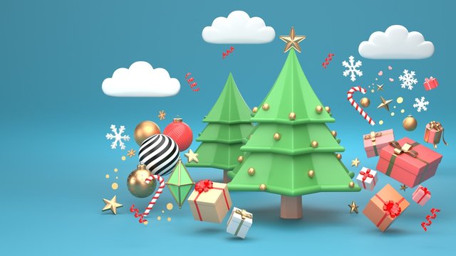 3d render image of christmas tree design for christmas holiday decorate by ornament geometric shape and giftbox.