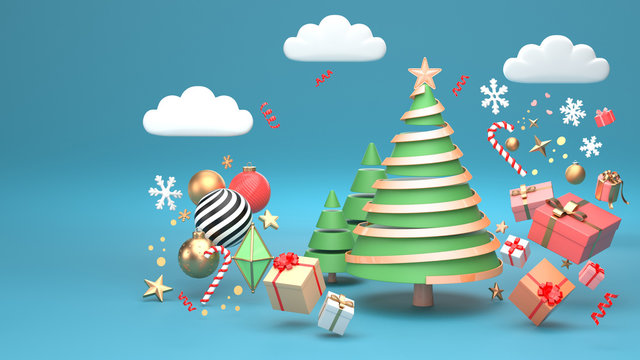 3d render image of christmas tree design for christmas holiday decorate by ornament geometric shape and giftbox.