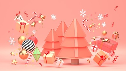 3d render image of christmas tree design for christmas holiday decorate by ornament geometric shape and giftbox.