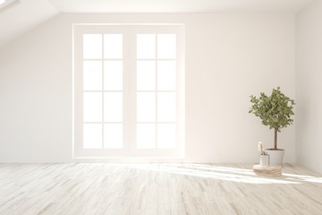 Empty room in white color. Scandinavian interior design. 3D illustration