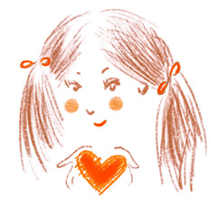 Girl portrait with ponytails and heart in her hands. Imaginary character, digital art