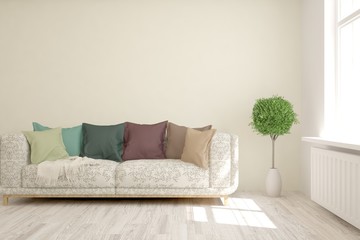 Stylish room in white color with sofa and home plant. Scandinavian interior design. 3D illustration