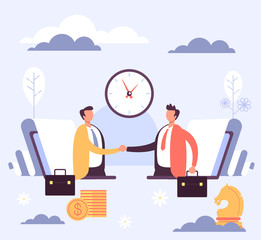 Online internet business deal concept. Vector flat cartoon graphic design illustration