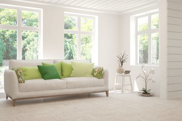 Stylish room in white color with sofa and summer landscape in window. Scandinavian interior design. 3D illustration