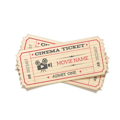 Realistic crossed pair retro cinema tickets isolated on white background