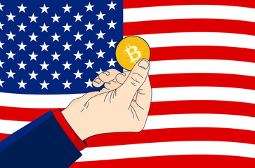 Bitcoin America - Hand holding up a bitcoin in front of the American flag. U.S.A is bullish on bitcoin concept. Flat vector illustration.