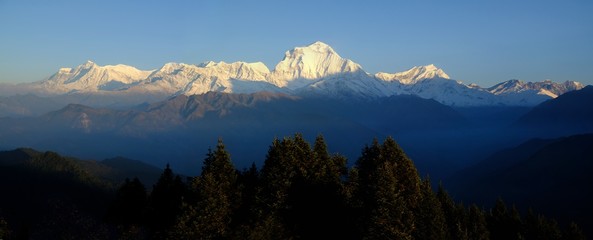 Amazing panoramic view of Dhaulagiri range from viewpoint Poon Hill in Ghorapani, Himalaya, Nepal