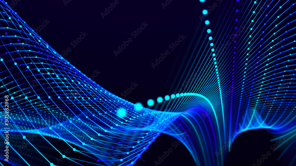 Aufkleber Abstract futuristic wave background. Network connection dots and lines. Digital background. 3d rendering.