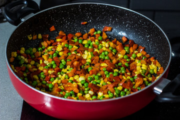 food photography background vegetarian stew ingredients on big pan in kitchen 