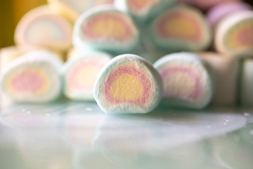 Colorful marshmallows candy as background. Close up view of fluffy candies. 