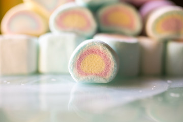 Colorful marshmallows candy as background. Close up view of fluffy candies. 
