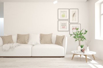 Stylish room in white color with sofa. Scandinavian interior design. 3D illustration