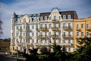 Fototapeta na wymiar Spa Hotels Belvedere (left) and Paris (right) in small spa town Marianske Lazne (Marienbad)