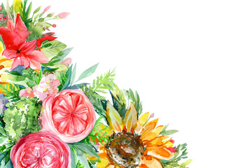 abstract bouquet of flowers,  watercolor illustration, autumn bouquet with a sunflower and pink roses, greeting card with space for text