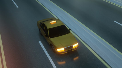 Fototapeta na wymiar Yellow taxi rides on the road, highway. 3D illustration