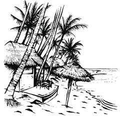 Summer beach sketch with palm trees, hovels and beach umbrella. Hand drawn illustration on white background.