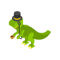 Dino gentleman. Tyrannosaurus hat top hat and cup of tea. Dinosaur aristocrat.