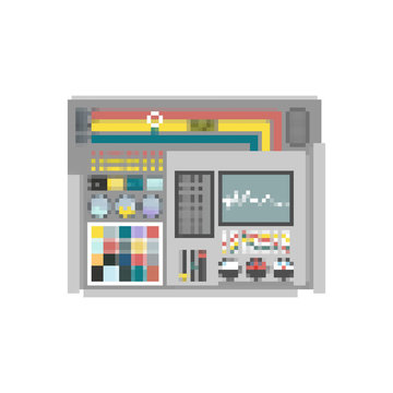 Control Panel pixel art. Production system 8 bit. Buttons and screens. Wires and valves. Supply of electricity. Robotic System Center for design and analysis. Factory machine for release