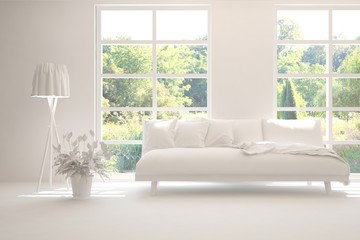 Mock up of stylish room in white color with sofa and green landscape in window. Scandinavian interior design. 3D illustration
