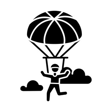 recommend clip art: Parachuting glyph icon. Paragliding, paratrooping activity. Air extreme sport. Skydiving, hang gliding recreation. Flights in sky, jumps with parachute. Silhouette symbol. Vector isolated illustration
