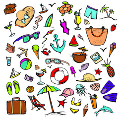 Summer color doodle set. Summer beach holidays, travel, shoes, ice cream, shells, ball, drink, towel, sunglasses, parasol. Hand drawn doodle. Vector illustration isolated on white background