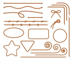 Rope. Set of various decorative rope elements. Rope frames, laces, knots and decorations. Nautical rope, shoe lacing, decorative binding of paper and fabric. Isolation. Vector illustration © Larisa