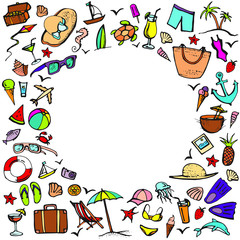 Fototapeta premium Summer color doodle frame. Summer beach holidays, travel, shoes, ice cream, shells, ball, drink, towel, sunglasses, parasol. Hand drawn doodle wreath. Vector illustration isolated on white background.