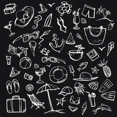 Summer doodle set. Summer beach holidays, travel, shoes, ice cream, shells, ball, drink, towel, sunglasses, parasol. Hand drawn doodle vector illustration isolated on black background