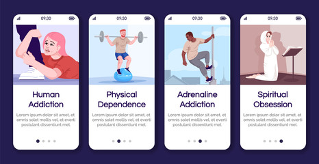 Addiction types onboarding mobile app screen vector template. Spiritual, physical obsession. Walkthrough website steps with flat characters. UX, UI, GUI smartphone cartoon interface concept