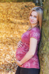 Young pregnant woman is holding her pregnancy belly standing and leaning on a tree in autumn park. Vertically.