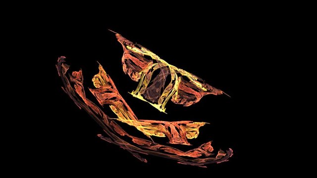 Abstract flame fractal animation, seamlessly looping. Shapes resemble an owl and a dragon.
