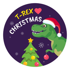 Tyrannosaurus Rex celebrates Christmas. Festive funny New Year greeting card. Cute smiling dinosaur in hat of Santa Claus decorates  Christmas tree. Vector illustration in cartoon simple flat style.