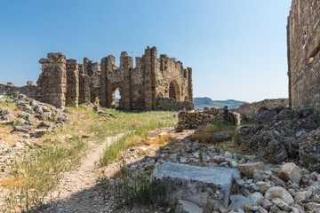 Fototapeta na wymiar Aspendos or Aspendus, an open-air museum, an ancient Greco-Roman city in Antalya province of Turkey. 