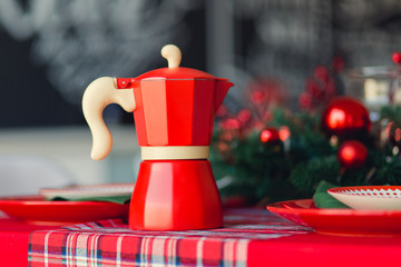 Christmas background with powdered sugar as Christmas tree, ginger cookies, anise and Christmas decorations on dark background. Creative cristmas concept. Top view, copy space, text place