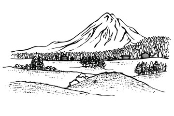 Mountain Landscape, forest. Nature. Sketch. Hand drawn vector Illustration