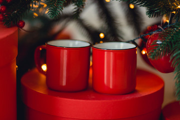 Christmas background with powdered sugar as Christmas tree, ginger cookies, anise and Christmas decorations on dark background. Creative cristmas concept. Top view, copy space, text place