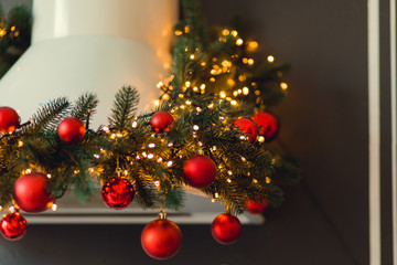 Christmas background with powdered sugar as Christmas tree, ginger cookies, anise and Christmas decorations on dark background. Creative cristmas concept. Top view, copy space, text place