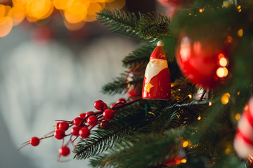 Christmas background with powdered sugar as Christmas tree, ginger cookies, anise and Christmas decorations on dark background. Creative cristmas concept. Top view, copy space, text place