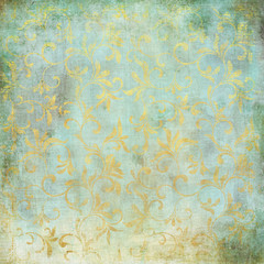 Grunge green background with gold foil leaf pattern