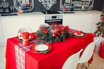 Christmas background with powdered sugar as Christmas tree, ginger cookies, anise and Christmas decorations on dark background. Creative cristmas concept. Top view, copy space, text place