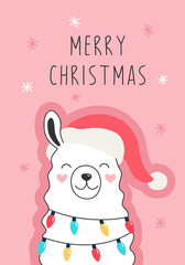 Cute llama is decorated with garlands, winter, snow. Greeting card Merry Christmas. Vector animal illustration for children.