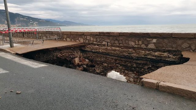 Sidewalk Collapses In Menton On The French Riviera, Seafront Is Closed Due To Flooding Caused By Huge Waves, France, Europe - 4K Resolution