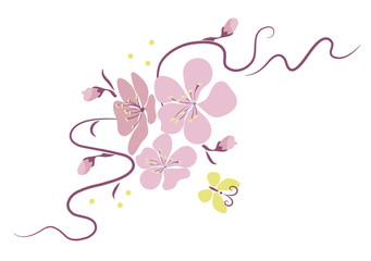 Japanese sakura branch with flowers and butterfly. Digital vector illustration.