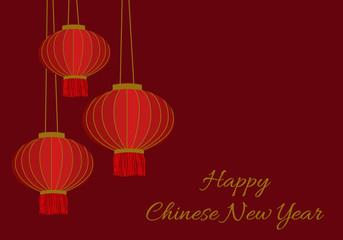 Fototapeta na wymiar Happy Chinese new year 2020 holidays greeting card with traditional red paper chinese lanterns. Banner, poster template. Gold color text on dark red background. Festival decoration vector.