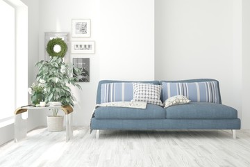 Stylish room in white color with sofa. Scandinavian interior design. 3D illustration