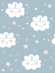 Seamless Vector Pattern with White Fluffy Smiling Clouds on a Light Blue Background. Cute Cloud in the Indian Headband. Simple Nursery Art for Wall Art, Card, Greeting, Invitation, Baby Boy Party. 