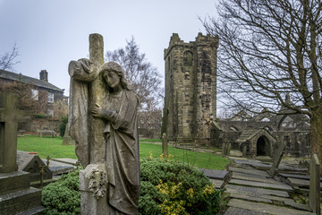ruined church with gravestones
