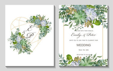 Wedding invitation with leaves eucalyptus and Succulent flowers, watercolor, isolated on white. Vector Watercolour.